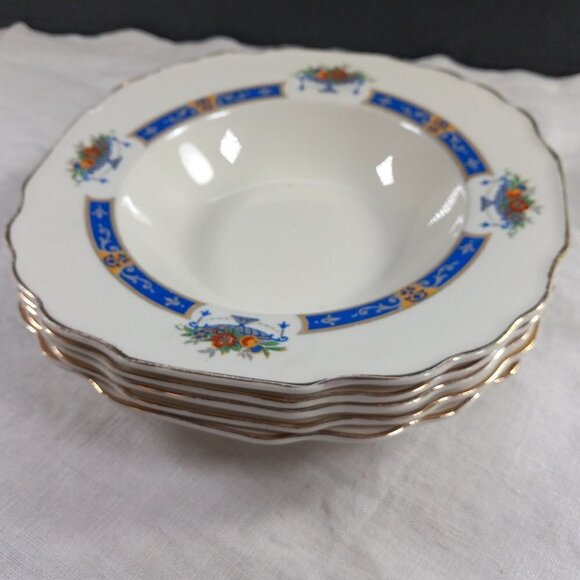 Myott Soup Bowls Fruit in Urn Set of 5 MYO100 Blue Band Scalloped Edge England - Picture 1 of 8